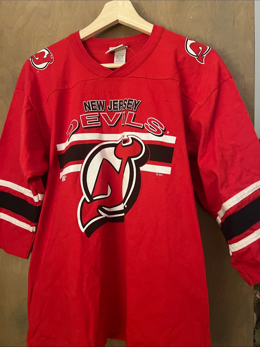 Tultex Red New Jersey Devils Kids Hockey Tee with Sleeve Stripes